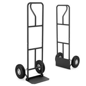 goplus hand truck, p-handle hand truck dolly w/vertical loop handle, 10” pneumatic rubber wheels, 15”x 8” foldable nose plate, 660lbs capacity, heavy duty metal dolly cart for lifting, stairs (black)