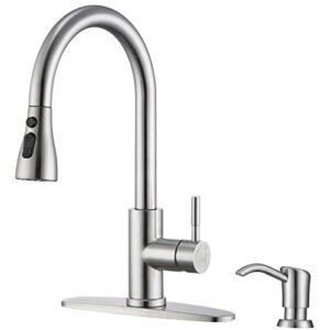 Brushed Nickel Pull Down Kitchen Faucet with Soap Dispenser - High Arc 3-Function Kitchen Sink Faucet with Pull Down Sprayer, Stainless Steel Pull Out Kitchen Faucet Single Hole Single Handle