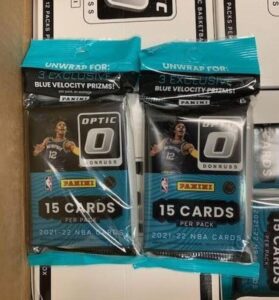 2021-22 panini donruss optic nba basketball factory sealed 2 cello pack lot 2 packs of 15 cards, 30 cards in all 3 blue velocity parallels per pack (6 in all). chase autographs and rare parallel rated rookie cards of cade cunningham, josh giddey, scottie