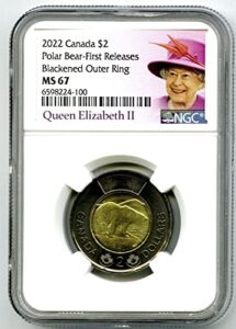 2022 ca canada $2 black ring queen elizabeth polar bear toonie first releases in white core $2 ngc ms 67