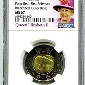 2022 CA CANADA $2 BLACK RING QUEEN ELIZABETH POLAR BEAR TOONIE FIRST RELEASES IN WHITE CORE $2 NGC MS 67