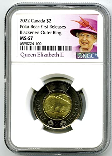 2022 CA CANADA $2 BLACK RING QUEEN ELIZABETH POLAR BEAR TOONIE FIRST RELEASES IN WHITE CORE $2 NGC MS 67