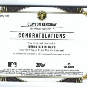 CLAYTON KERSHAW 2022 Topps Triple Threads Game-Used Single Jumbo SJR2-CK1 AMBER PARALLEL Jersey Mem Relic Card #13 of only 18 Made! Los Angeles Dodgers Baseball