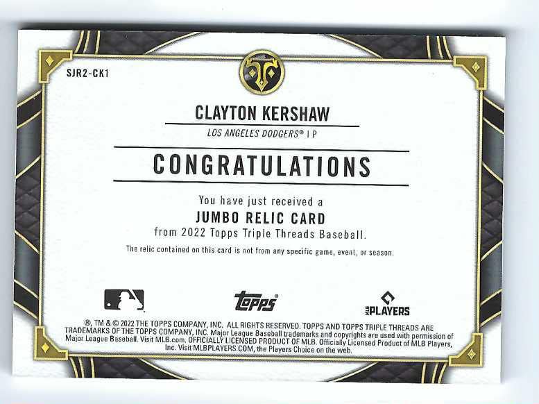 CLAYTON KERSHAW 2022 Topps Triple Threads Game-Used Single Jumbo SJR2-CK1 AMBER PARALLEL Jersey Mem Relic Card #13 of only 18 Made! Los Angeles Dodgers Baseball