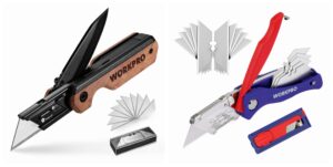 workpro 2-in-1 folding utility knife and box cutter with 25pcs sk5 blades extra