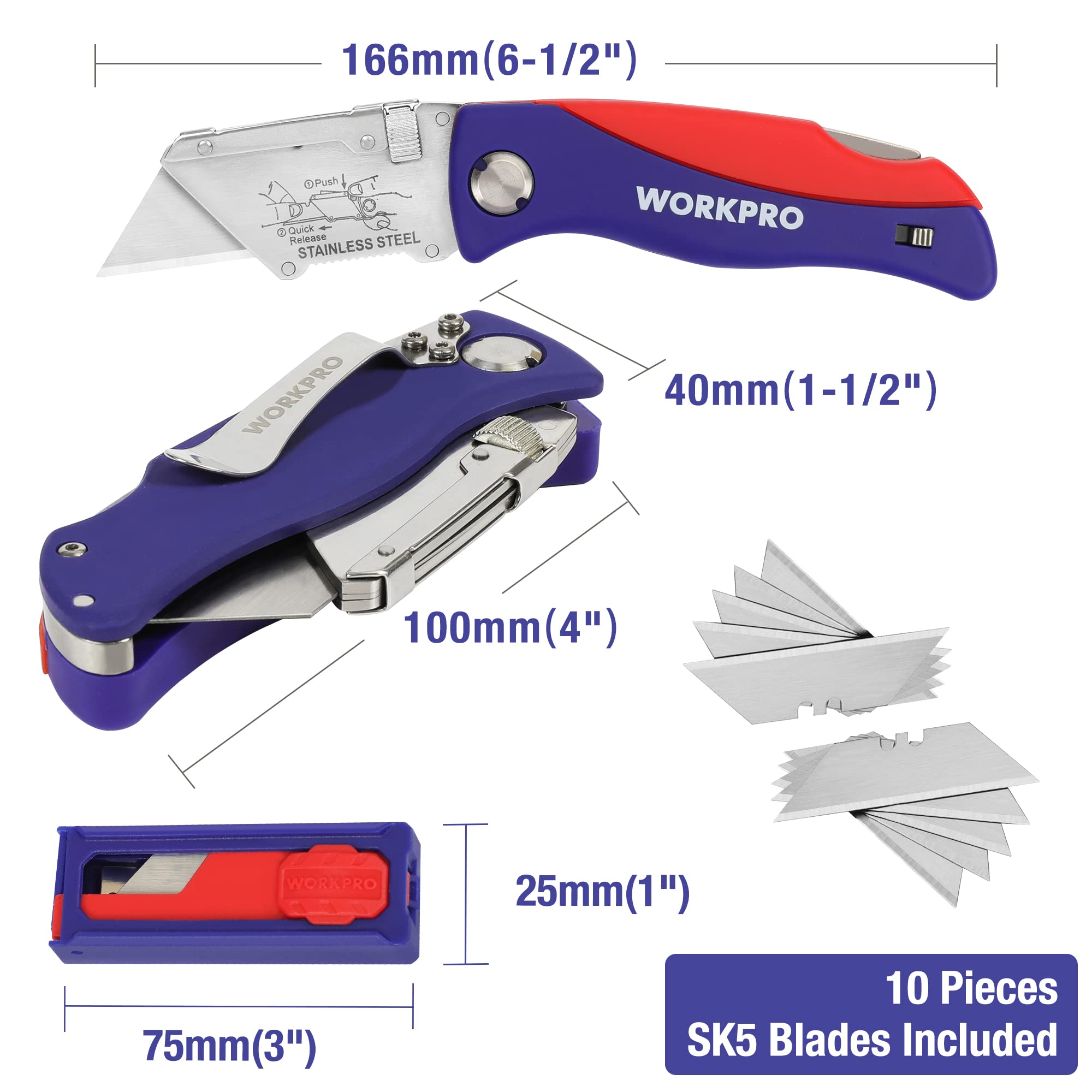 WORKPRO 2-in-1 Folding Utility Knife And Box Cutter with 25pcs SK5 Blades Extra