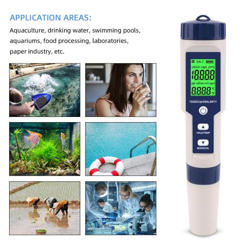 5 in 1 TDS/EC/PH/Salinity/Temperature Meter Digital Water Quality Monitor Tester for Pools, Drinking Water, Aquariums,Hydroponics