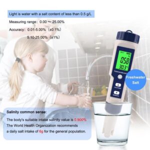 5 in 1 TDS/EC/PH/Salinity/Temperature Meter Digital Water Quality Monitor Tester for Pools, Drinking Water, Aquariums,Hydroponics