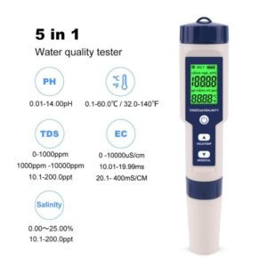 5 in 1 TDS/EC/PH/Salinity/Temperature Meter Digital Water Quality Monitor Tester for Pools, Drinking Water, Aquariums,Hydroponics