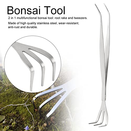 2-in-1 Ergonomic Stainless Steel Root Rake Bonsai Tweezers Soil Farming Tool