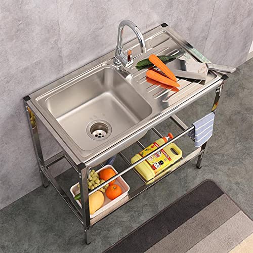 Free Standing Commercial Sink With Single Bowl, 1 Compartment Stainless Steel Kitchen Sink W/Storage Shelves & Faucet, Multifunctional Sink Kit For Camping Cafe Garage Basement, Silver