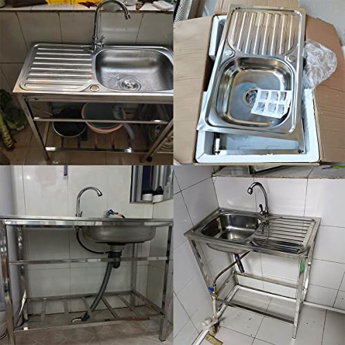 Free Standing Commercial Sink With Single Bowl, 1 Compartment Stainless Steel Kitchen Sink W/Storage Shelves & Faucet, Multifunctional Sink Kit For Camping Cafe Garage Basement, Silver