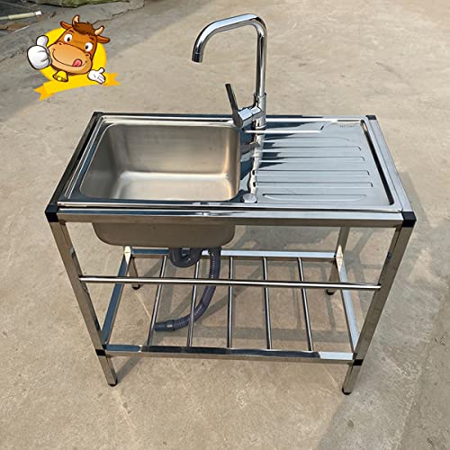 Free Standing Commercial Sink With Single Bowl, 1 Compartment Stainless Steel Kitchen Sink W/Storage Shelves & Faucet, Multifunctional Sink Kit For Camping Cafe Garage Basement, Silver