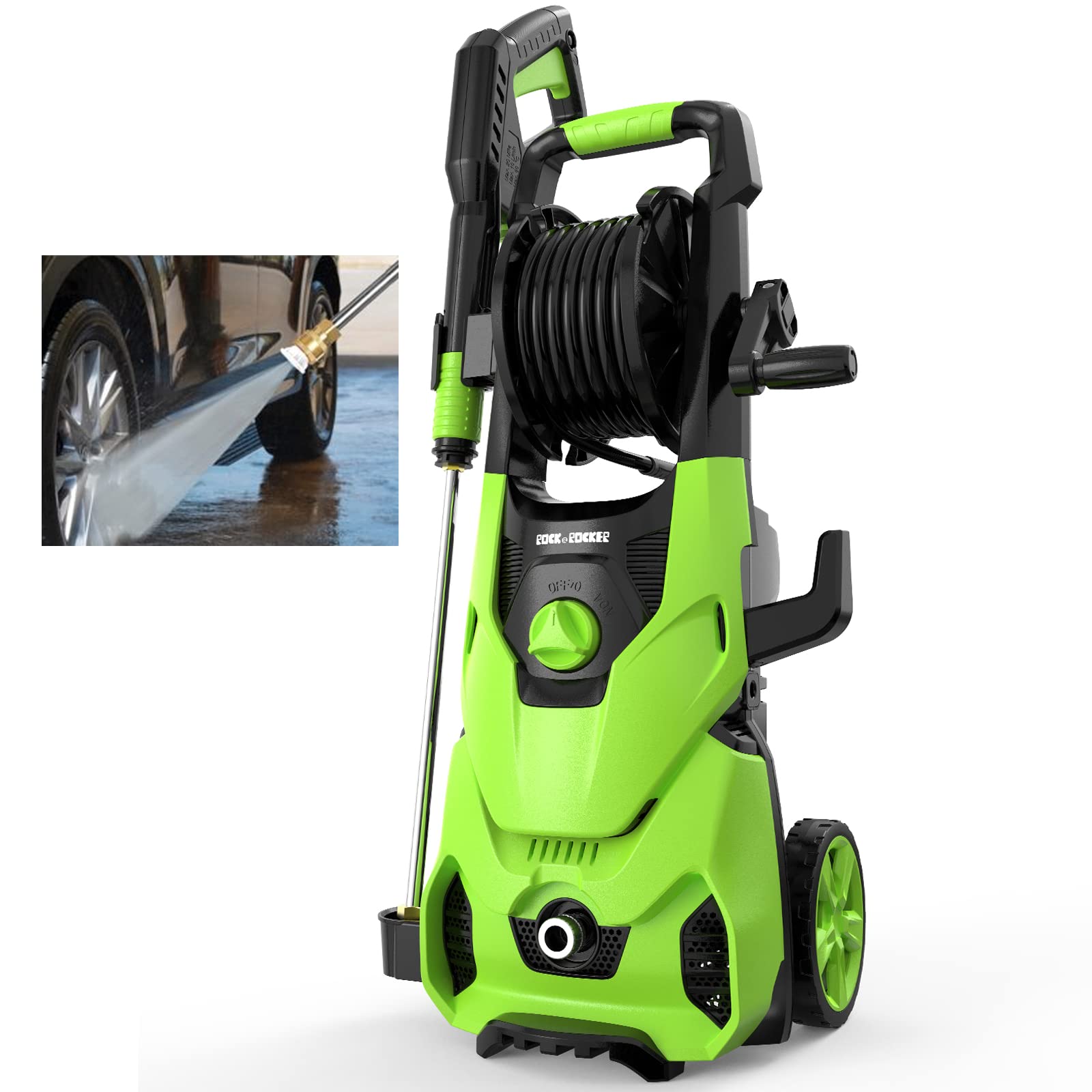 Rock&Rocker Electric Pressure Washer, 2150 Max PSI 2.6 GPM Washer with 4 Nozzles Foam Cannon for Cars,Powerful Electric Power Car Washer with Hose Reel&Soap Tank,Cleans Cars/Fences/Patios Green