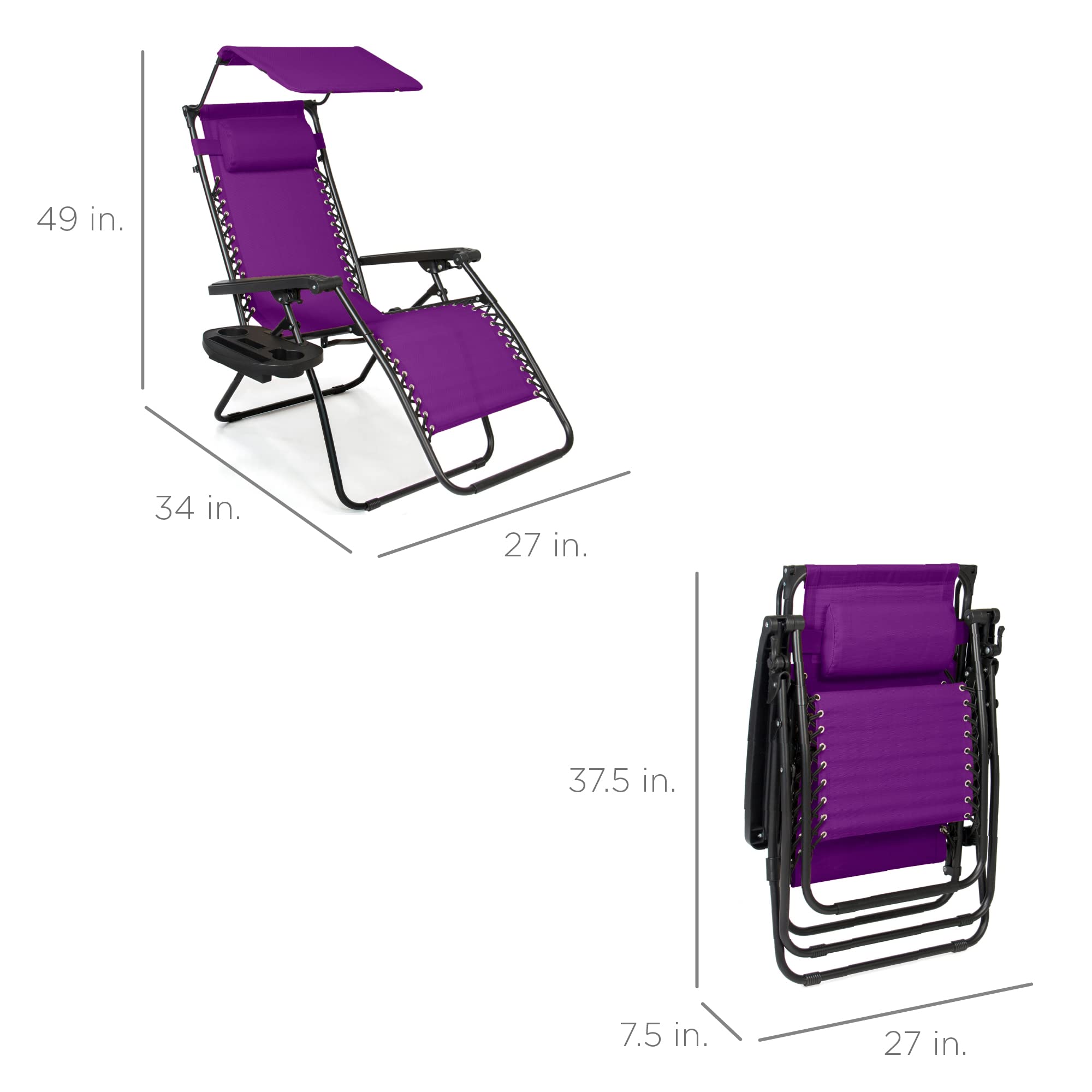 Best Choice Products Folding Zero Gravity Outdoor Recliner Patio Lounge Chair w/Adjustable Canopy Shade, Headrest, Side Accessory Tray, Textilene Mesh - Amethyst Purple