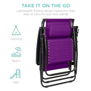 Best Choice Products Folding Zero Gravity Outdoor Recliner Patio Lounge Chair w/Adjustable Canopy Shade, Headrest, Side Accessory Tray, Textilene Mesh - Amethyst Purple