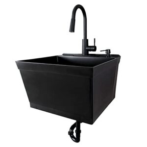 js jackson supplies tehila black wall-mounted utility sink tub kit with black pull-down faucet, wall-mounted utility tub with wall bracket for laundry room, garage, workshop