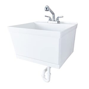 js jackson supplies tehila white wall-mounted utility sink tub kit with chrome finish pullout faucet, wall-mounted utility tub with wall bracket for laundry room, garage, workshop