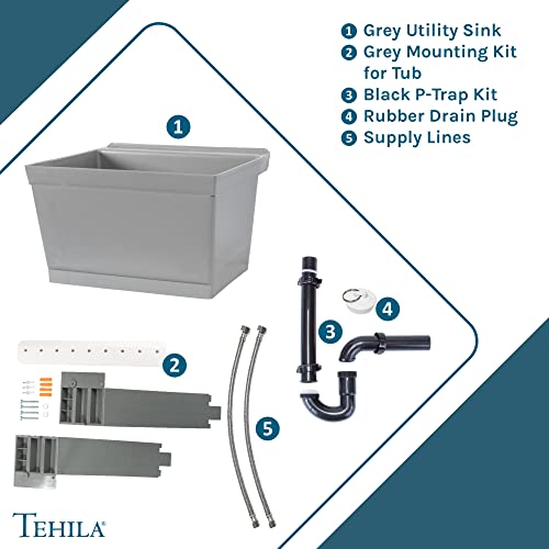 JS Jackson Supplies Tehila Grey Wall-Mounted Utility Sink Tub Kit, Wall-Mounted Utility Tub with Wall Bracket, Floating Utility Sink for Laundry Room, Garage, Workshop, and More