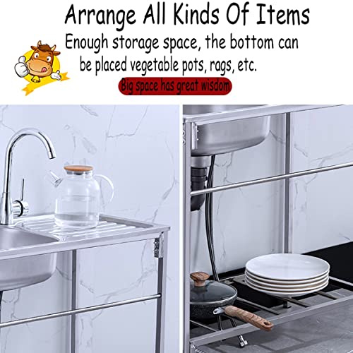 Commercial Restaurant Sink W/Faucet & Drain, Utility Kitchen Sink With Console/Stand, 304 Stainless Steel Sink Kit With Single Bowl For Garage Basement Shop Portable Handwashing Station