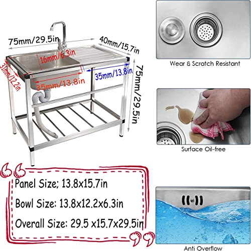 Commercial Restaurant Sink W/Faucet & Drain, Utility Kitchen Sink With Console/Stand, 304 Stainless Steel Sink Kit With Single Bowl For Garage Basement Shop Portable Handwashing Station