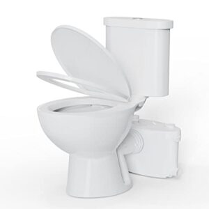 Macerating Toilet System | Macerator Pump With 4 Water Inlets, White & Two-piece Upflush Toilet For Basement, Including Round Bowl, Water Tank