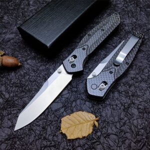 Outdoor Folding Pocket Knife, Reverse Tanto Blade, Plain Edge, Satin Finish, Black Carbon Fiber Handle With Belt Clip, Everyday Carry Thumb Studs Manual Open