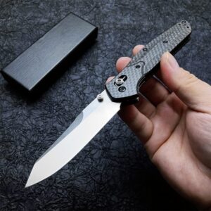Outdoor Folding Pocket Knife, Reverse Tanto Blade, Plain Edge, Satin Finish, Black Carbon Fiber Handle With Belt Clip, Everyday Carry Thumb Studs Manual Open