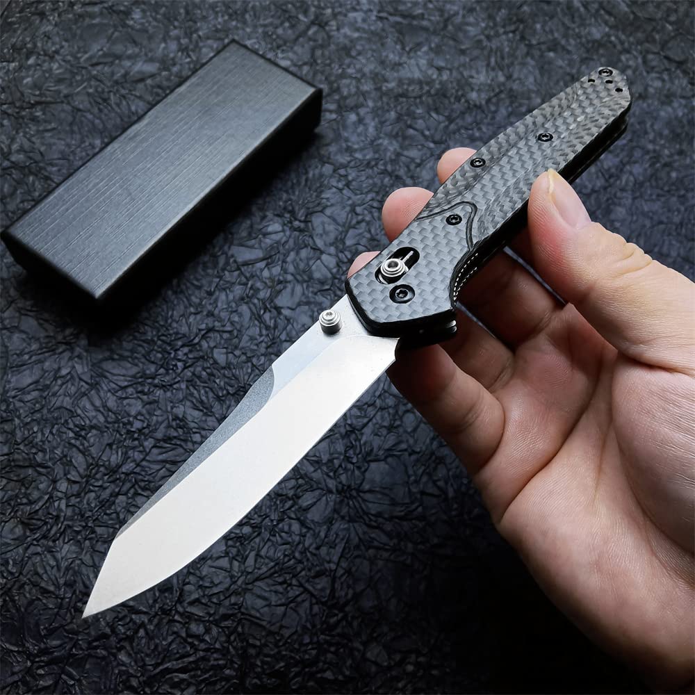 Outdoor Folding Pocket Knife, Reverse Tanto Blade, Plain Edge, Satin Finish, Black Carbon Fiber Handle With Belt Clip, Everyday Carry Thumb Studs Manual Open