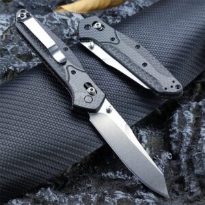 Outdoor Folding Pocket Knife, Reverse Tanto Blade, Plain Edge, Satin Finish, Black Carbon Fiber Handle With Belt Clip, Everyday Carry Thumb Studs Manual Open