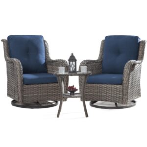 joyside outdoor swivel rocker patio chairs set of 2 and matching side table - 3 piece wicker patio bistro set with premium & soft fabric cushions(mixed grey/blue)