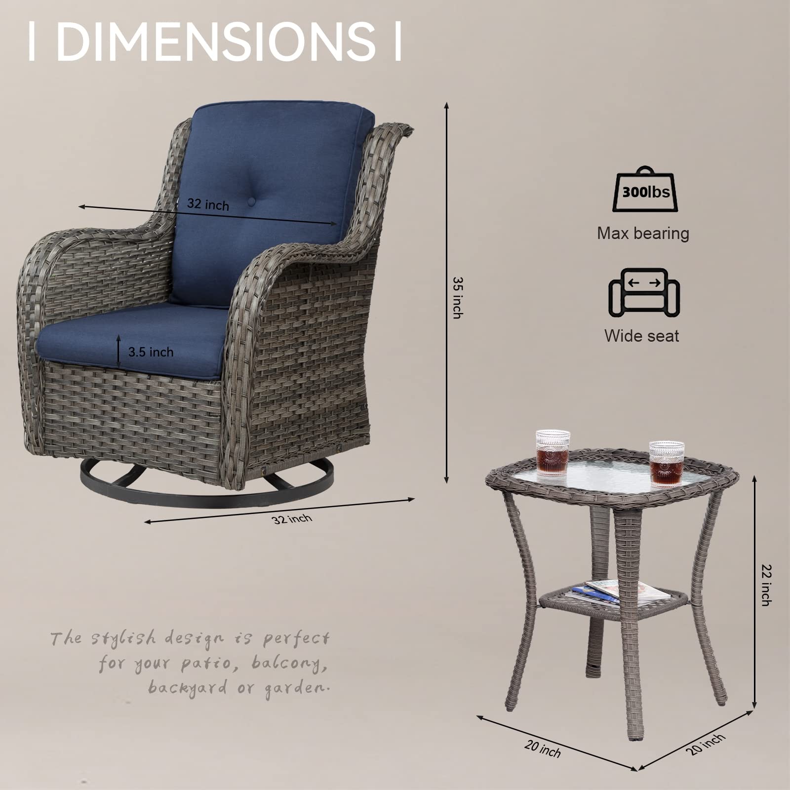 Joyside Outdoor Swivel Rocker Patio Chairs Set of 2 and Matching Side Table - 3 Piece Wicker Patio Bistro Set with Premium & Soft Fabric Cushions(Mixed Grey/Blue)