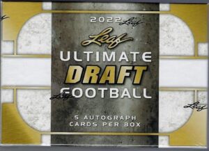 2022 leaf ultimate draft football factory sealed hobby box 5 auto per box chase autograph and base rookie cards of the 2022 rookies such as kenny pickett malik willis desmond ridder chris olave, george pickens aidan hutchinson. chase 2023 draft class play