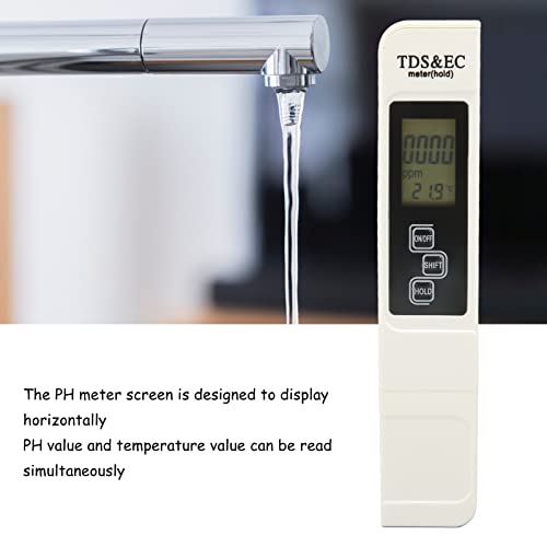 FECAMOS Water Testing Pen, Temperature Compensation Compact Portable Horizontal Display Water Tester Backlight Function White for Hydroponics