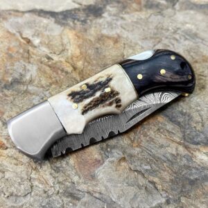 WINTERFELL Damascus Steel Folding Pocket Knife for Men with Leather Sheath, 100% Handmade Gifts for Husband, Dad, Boyfriend, Damascus Steel Groomsman Gift Knives