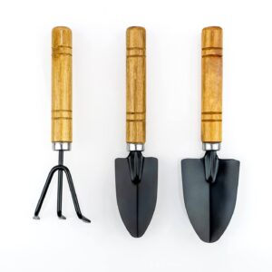 gardenera bonsai 3pc gardening tool set: rake, spade, shovel - wooden handles - best kit for potted plant, flower and seedling care - ergonomic design for little hands - great gift for gardeners
