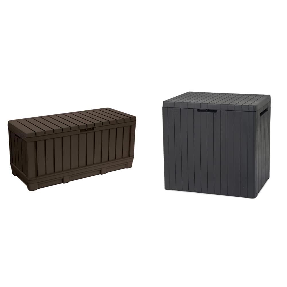 Keter Kentwood 90 Gallon Resin Deck Box-Organization and Storage for Patio Furniture Outdoor Cushions, Throw Pillows & City 30 Gallon Resin Deck Box for Patio Furniture, Pool Accessories,