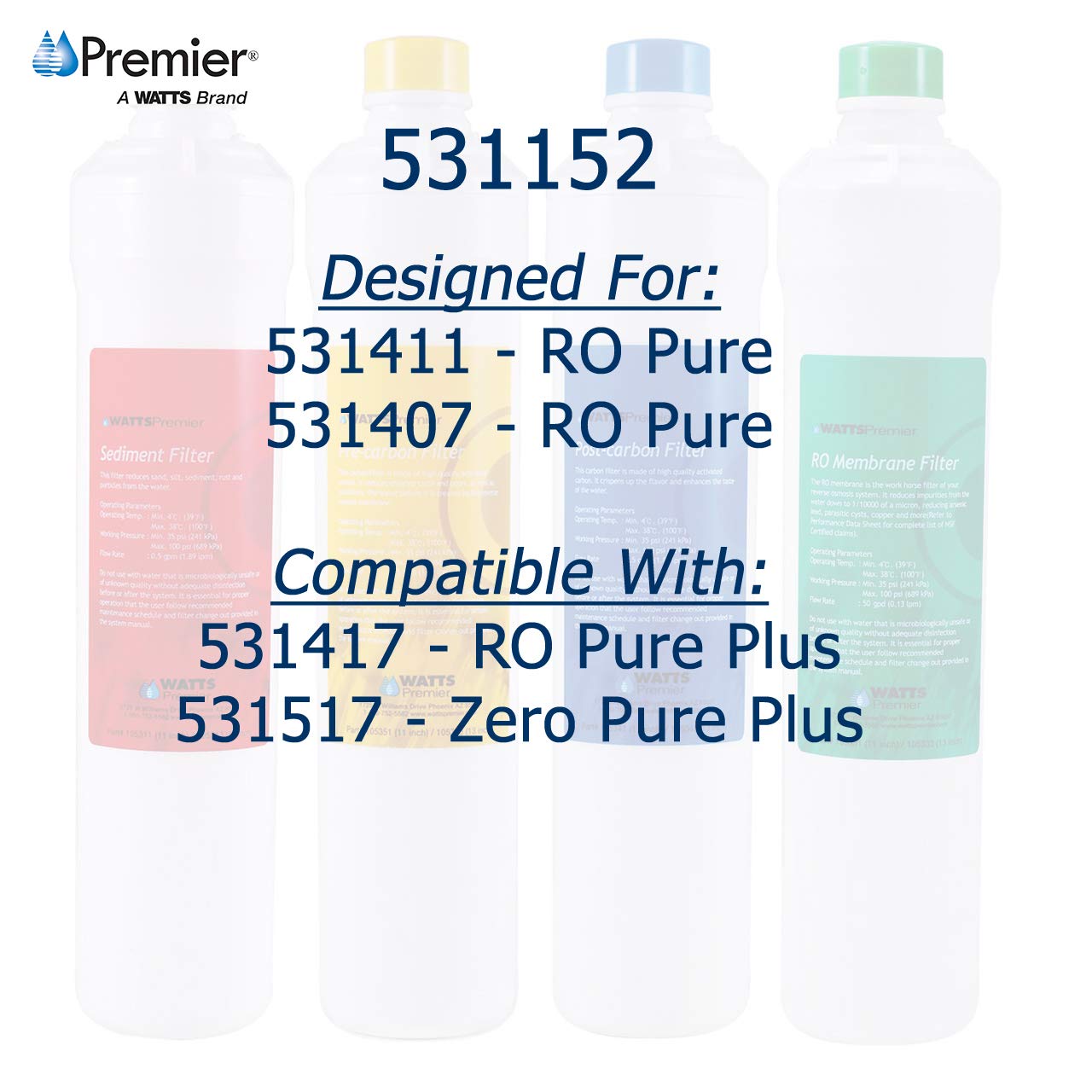 Watts Premier RO Pure Reverse Osmosis Water Filtration System Replacement Filter Kit (4 Pack) | Watts Premier RO Pure Plus Reverse Osmosis Water Filter Replacement Kit (2 Count)