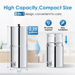 Waterdrop Gravity-fed Water Filter System with Black Carbon Filter and Fluoride Filter, 2.25-Gallon Stainless-Steel Filter System, Reduces up to 99% of Chlorine & Bad Taste-King Tank Series