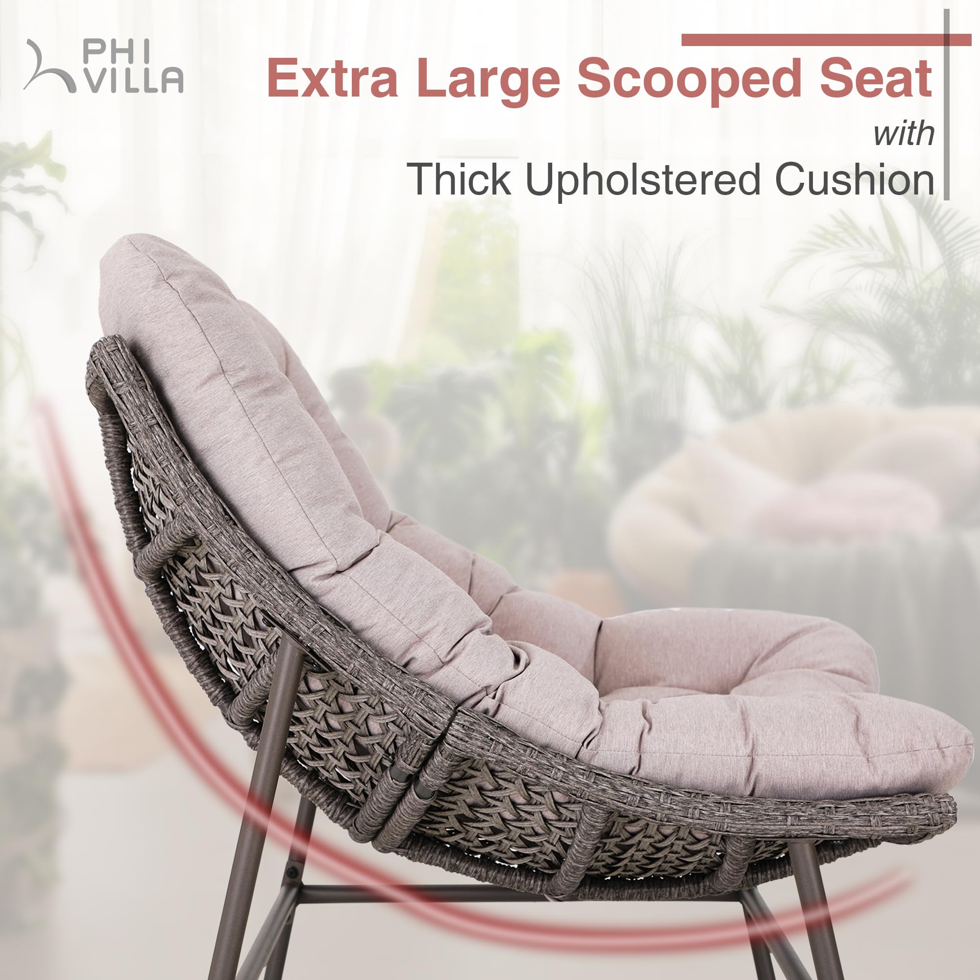 PHI VILLA Outdoor Papasan Chairs Set of 2, Oversized Scoop Wicker Chairs with Cushions & Steel Frame, Double Comfy Conversation Reading Chairs Furniture for Apartment Patio, Porch, Deck, Balcony