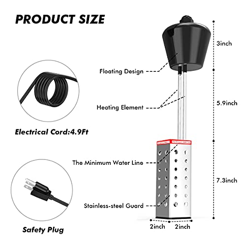 creekeley Electric Immersion Water Heater,1500W Pool Heater with Stainless Steel Guard & Suspension Head, Portable Water Heater for Inflatable Pool, Above Ground Pool Heater,Bathtub S1 silver 2