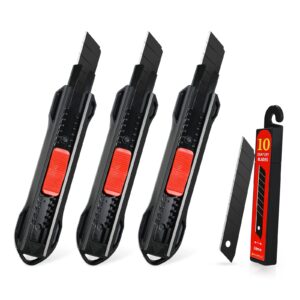 ehdis 3pcs 18mm retractable utility knife, heavy duty aluminum alloy snap-off auto-lock box cutter with 10pcs 60 degree sharp blades for cartons, cardboard and boxes, perfect for office and home use