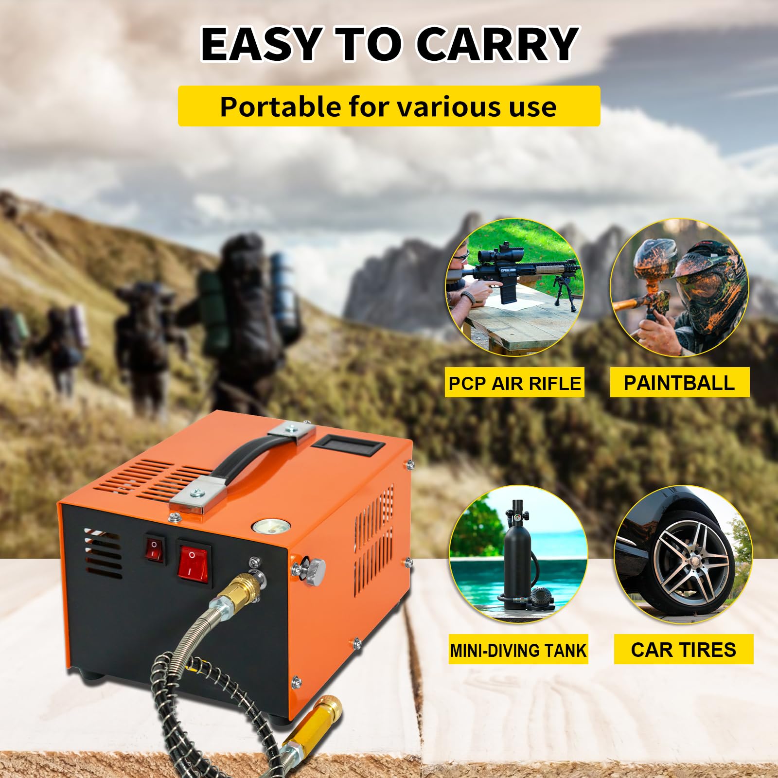 TUXING PCP Air Compressor, Portable 4500Psi/30Mpa, 8MM Quick-Connector Compatible for PCP Air Gun with Water/Oil Separator, Built-in Power Adapter(110V AC or 12V Car Battery)