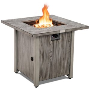 happygrill 28” propane fire pit table, 40,000 btu outdoor propane gas fire table with wood-like tabletop, lid and lava rocks, square auto-ignition propane firepit with pvc cover