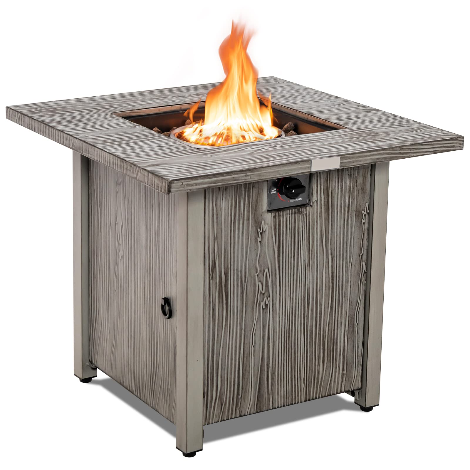 HAPPYGRILL 28” Propane Fire Pit Table, 40,000 BTU Outdoor Propane Gas Fire Table with Wood-Like Tabletop, Lid and Lava Rocks, Square Auto-Ignition Propane Firepit with PVC Cover