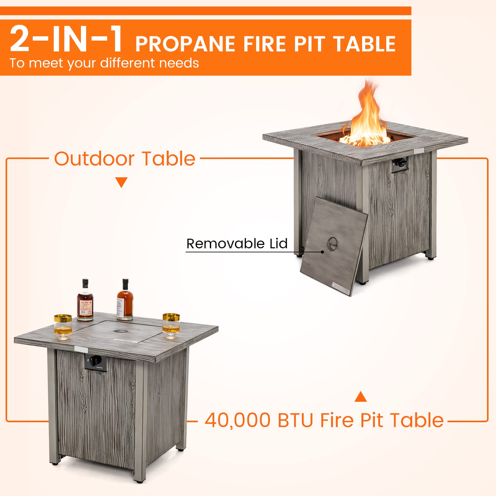 HAPPYGRILL 28” Propane Fire Pit Table, 40,000 BTU Outdoor Propane Gas Fire Table with Wood-Like Tabletop, Lid and Lava Rocks, Square Auto-Ignition Propane Firepit with PVC Cover