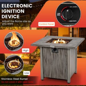 HAPPYGRILL 28” Propane Fire Pit Table, 40,000 BTU Outdoor Propane Gas Fire Table with Wood-Like Tabletop, Lid and Lava Rocks, Square Auto-Ignition Propane Firepit with PVC Cover