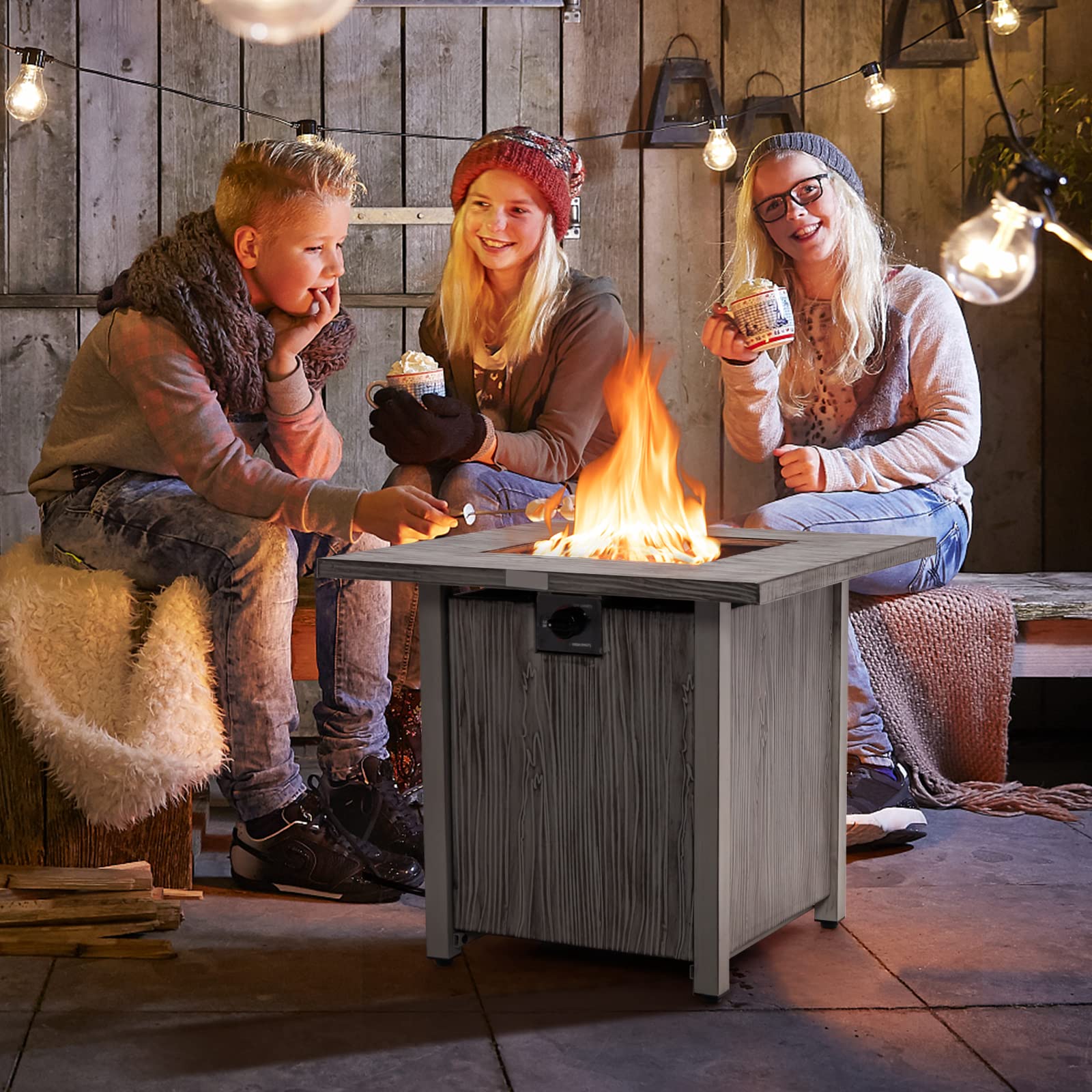 HAPPYGRILL 28” Propane Fire Pit Table, 40,000 BTU Outdoor Propane Gas Fire Table with Wood-Like Tabletop, Lid and Lava Rocks, Square Auto-Ignition Propane Firepit with PVC Cover