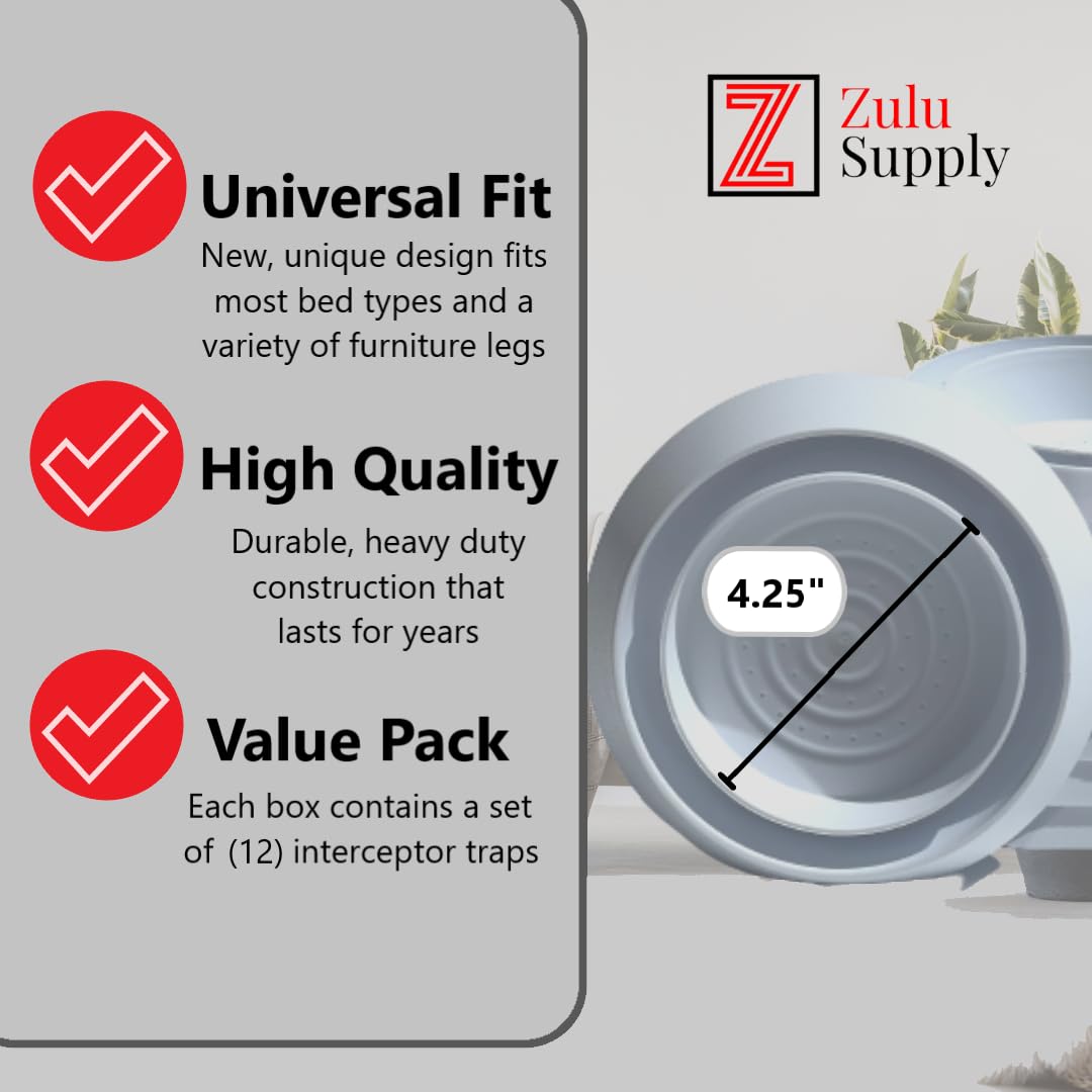 Zulu Supply Bed Bug Interceptors, Traps, 12 Pack, Bedbug Monitor, Detector for Bed Legs or Furniture (White 12-Pack)