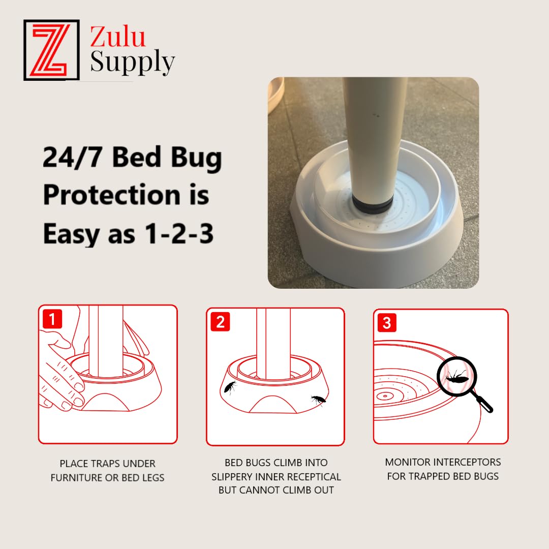 Zulu Supply Bed Bug Interceptors, Traps, 12 Pack, Bedbug Monitor, Detector for Bed Legs or Furniture (White 12-Pack)